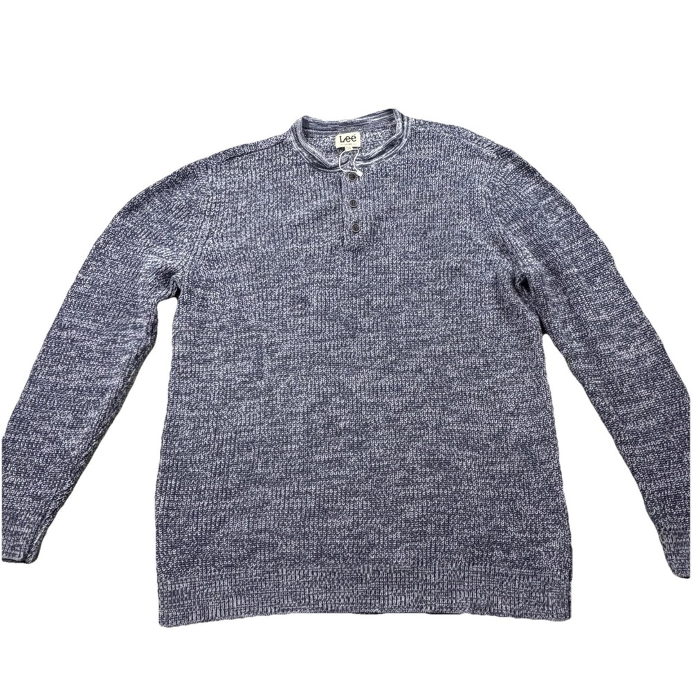 Lee‎ 100% Cotton Marled Knit Henley Sweater XXL Blue Gray Casual Pullover NWOT